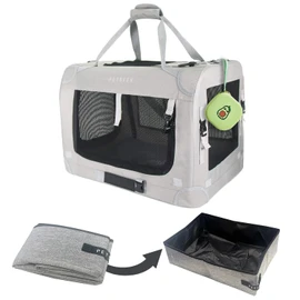Petseek Extra Large Cat Carrier Soft Sided Folding Small Medium Dog Pet Carrier 24"x16.5"x16" Travel Collapsible Ventilated Comfortable Design Portable Vehicle without Curtain(Grey+ Litter Box+ Bowls)