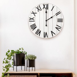 Elegant Designs HG2004-WWH Handsome Rustic Farmhouse Roman Numerals 21" Wood Wall Clock, White Wash