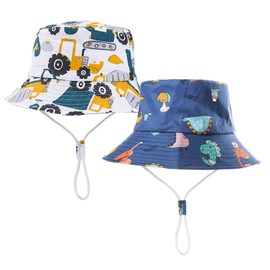 FOUNSHO 2 Pieces Baby Bucket Sun Hat, Kids Summer Outdoor Fisherman Hats, Toddler Sun Protection Wide Brim Beach Cap with Chin Strap for Boys Girls Child 2-4 Years (UK, Alpha, S, M, Dinosaur+Car)