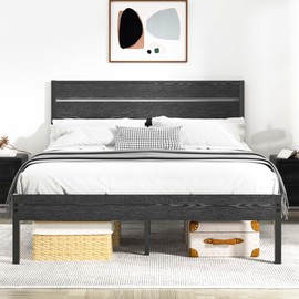 VECELO Queen Bed Frame with Wooden Headboard and Footboard, Heavy-Duty Platform Frames with Metal Slats Support System, 12 inch Under-Bed Storage, No Box Spring Needed, Rustic Black