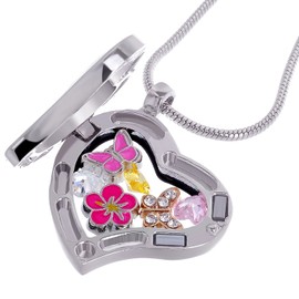 RUBYCA Themed Heart Locket Necklace Crystal Birthstone Living Memory Floating Charm Silver Tone DIY