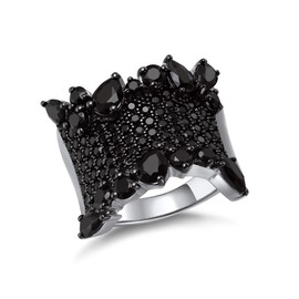 AGRULE Black Spinel Ring 925 Sterling Silver Band Statement Wide Cocktail Ring Luxury 4.4 Carat Cluster Gemstone Signet Ring for Women, Size 8