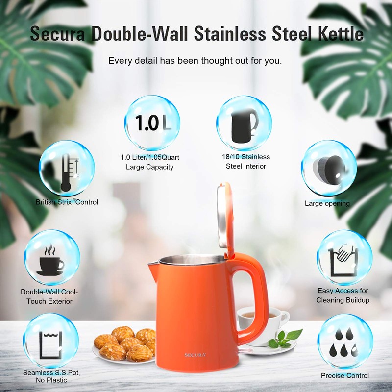 Secura Stainless Steel Double Wall Electric Kettle Water Heater for