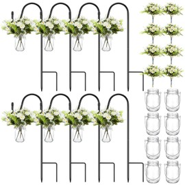 Thiccywoov 8 Sets Wedding Aisle Decoration Include 16 oz Rose Daisy Hanging Mason Jar 32" Shepherds Hooks Rustic Mason Jar with Faux Rose and Daisy for Wedding Ceremony Outdoor Tables Decorations