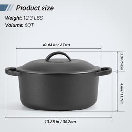6 QT Basics Cast Iron Dutch Oven Pot with Lid and Dual Handles, Oven Safe up to 500°F Large Cooking Pan,Bread Oven