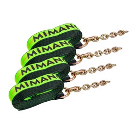 Mimanchi 2" x 16' Tie Down Strap with Chain Extension Ends,4pack,Car Trailer Tie Down Straps,Replacement Strap for 8 Point Roll Back Vehicle Tie Down Kit,Tow Truck Accessories