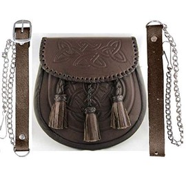 KILT SPORRAN CELTIC SCROLL EMBOSSED BROWN LEATHER LACE WOVEN EDGE KILTWEAR KILTS