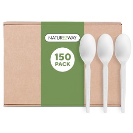 100% Compostable Spoons by Naturezway - Pack of 150 - Eco-Friendly Disposable Cutlery, Sturdy & Durable Utensils for Parties, Picnics, and Everyday Use, Tree Free, Heat-Resistant