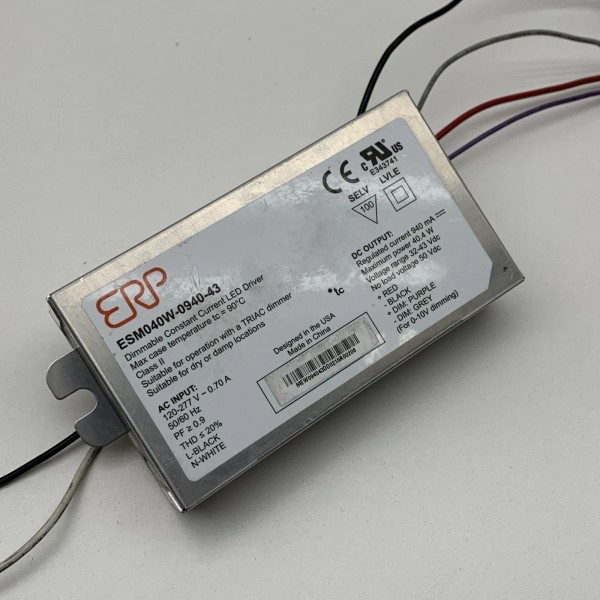 ERP ESM040W-0940-43 Dimmable Constant Current LED Driver 940mA 32-43VDC 40.4W