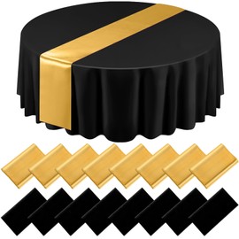 Tudomro 16 Pcs White and Champagne Round Plastic Tablecloth and Satin Table Runner Set 84 Inch Round Covers 12 x 108 Inch Table Runners for Christmas Wedding Birthday Party Baby Shower