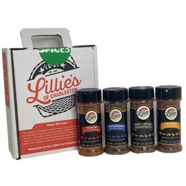 Lillie's of Charleston 4 Spice Gift Box | Ho-Lotta and Hissy Fit AP Blends & SweetSmoke & Beef 'n Burger Seasonings | 7" x 8.25" x 3.5" Gift box with handle