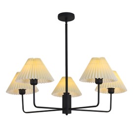 KCO Lighting Vintage Pleated Fabric Ceiling Light Fixture Mid Century Modern Black Chandelier Contemporary Large White Chandelier 5 Light Chandeliers for Dining Room Living Room