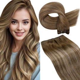LaaVoo Sew in Hair Extensions Real Human Hair Brown Balayage Sew in Human Hair Extensions Long Hair Weft Hair Extensions Light Brown Ombre Golden Blonde 22 Inch 100g
