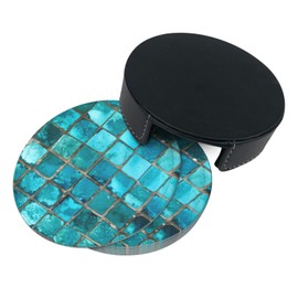 SEPTYK Turquoise Blue Pattern Coasters for Drinks with Holder Set of 6 Leather Round 4" for Home Kitchen Decor Coffee Cup Housewarming