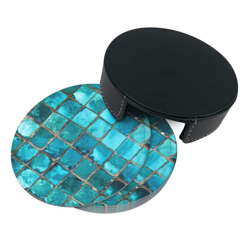 SEPTYK Turquoise Blue Pattern Coasters for Drinks with Holder Set