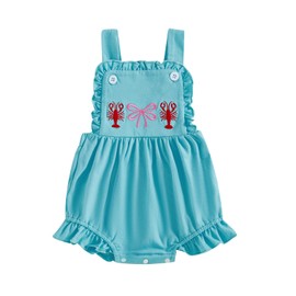 Smocked Baby Girl Clothes Crawfish Bow Embroidery Ruffle Sunsuit Shrimp Sleeveless Romper Bodysuit Cute Summer Outfit (Blue, 0-3 Months)