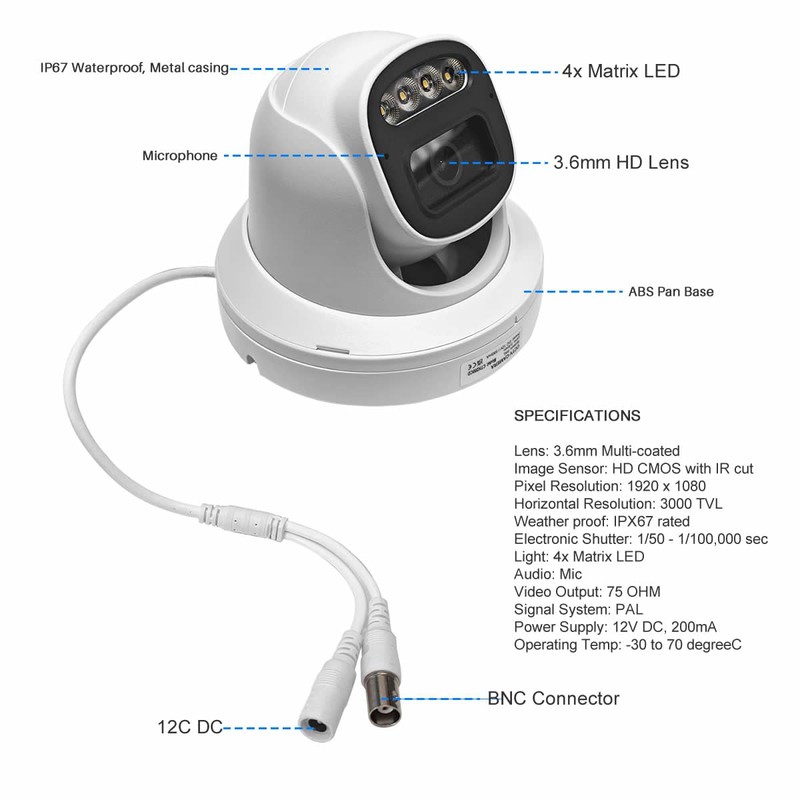 CCTV Camera, Full Colour 1080P Security Turret Camera for Surveillance