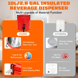 Julymoda 10L/2.6 Gallon Insulated Beverage Dispenser, Drink Dispenser with 304 Stainless Steel Interior and Spout, Portable Hot and Cold Water Dispensers for Parties Outdoors Camping