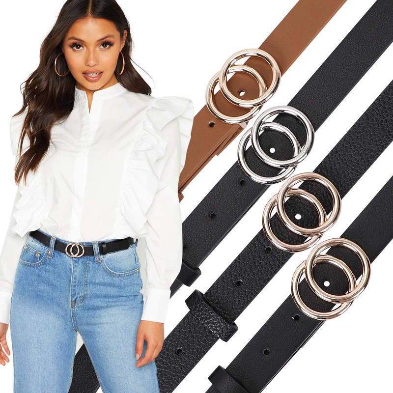 SANSTHS Double Ring Leather Belts for Women O-Style Gold Buckle
