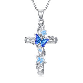 AOBOCO Cross Butterfly Necklace 925 Sterling Silver Wooden Shaped Cross Christian Faith Religious Jewelry Gift for Women, Sterling Silver, No Gemstone