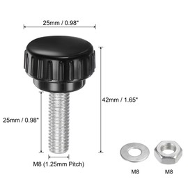 uxcell 4 Set M8 x 25mm Male Thread Knurled Knobs Thumb Screws with Nuts Washers, Clamping Knob Grip 25mm Plastic Head Hand Knobs Thumbscrews, Black