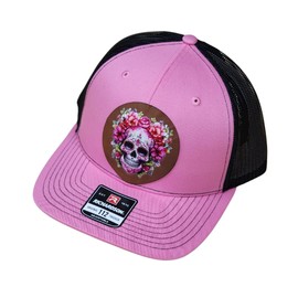 Floral Skull Cap, Richardson 112 Trucker Cap, Pink and Black Mesh Design, Flower Skeleton Patch, Adjustable Breathable Hat