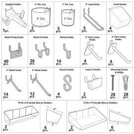 Azar Displays - 900960-190-Piece XLarge Pegboard Organizer Accessory Kit, Hooks Assortment for Tools and Storage System. Hardware Hooks and Bins.