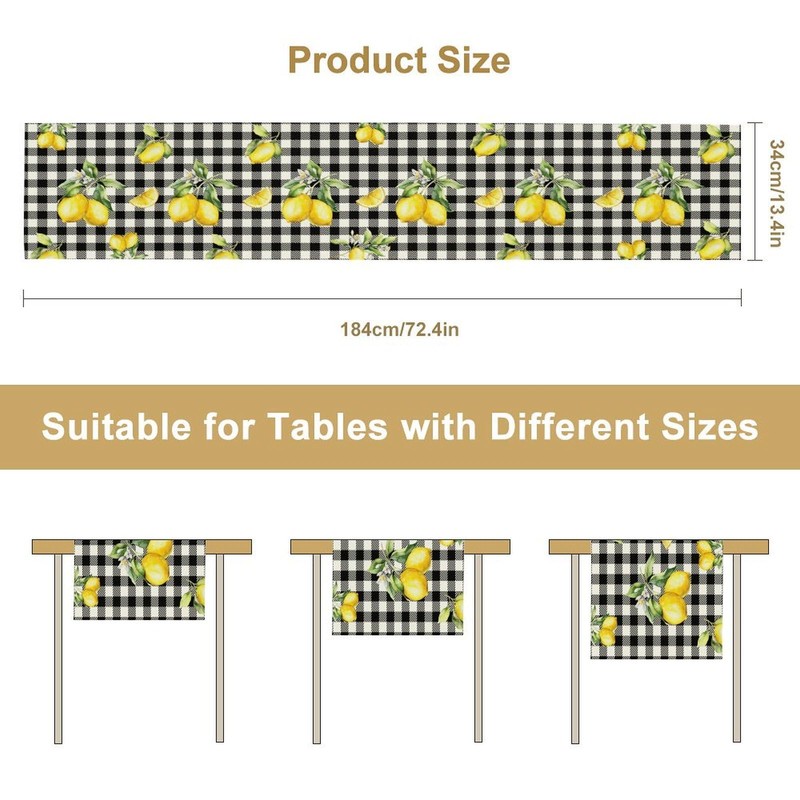 Fresh Lemon Table Runner, Yellow Lemon Black White Buffalo Check