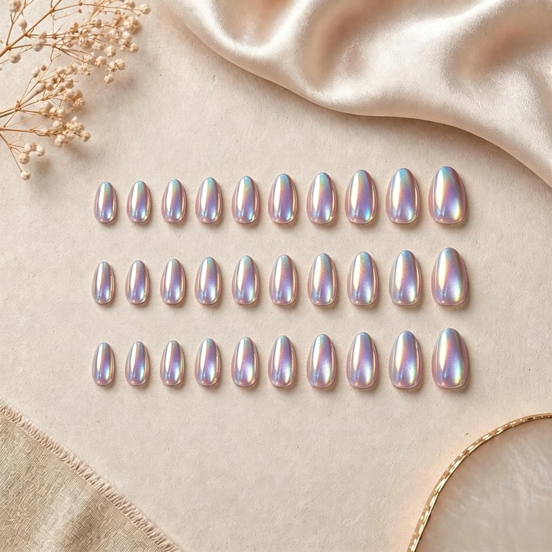 KQueenest Chrome Purple Press On Nails Short Almond Shiny Glitter