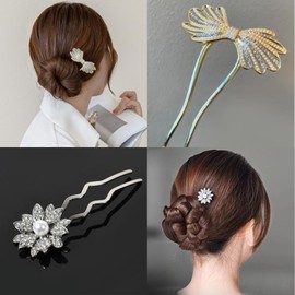Pack of 2 French Hair Pin Metal French Twist Hair Pin, Diamond Beads, Flower Bows, U-Shaped Hair Fork, Large Hair Pin Clip for Women Girls All Hair Types