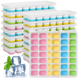 20 Pack Ice Cube Trays Silicone Ice Trays for Freezer Spill Resistant Removable Lid Easy Release Flexible 14 Cube Trays Durable Stackable Ice Cube Mold for Cocktail, Coffee, Yellow Pink Blue Green
