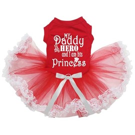 Petitebelle My Daddy Is My Hero And I Am His Princess Welpen-Hundekleid (Rot/Rot/Weiße Spitze, XXXL)