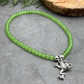 Lime Green Frosted Glass Bead Anklet with Silver Plated Frog Charm on Elastic : Small/Medium 9.5 inches