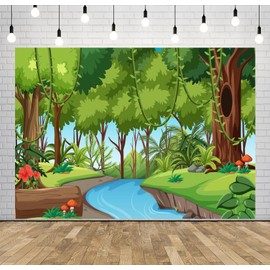 CORFOTO Jungle Forest Landscape Backdrop 5x3ft Fabric Green Trees Tropical Rainforest River Background for Jungle Safari Themed Birthday Decorations Zoo Party Banner Kids Baby Shower Photo Booth Props
