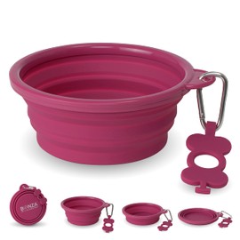 Bonza Large Collapsible Dog Bowl 1000 ml, Sturdy Reinforced Rim, Includes Carabiner & Water Bottle Holder Keyring, Pink