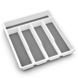 Homikit Cutlery Tray for Drawers, Plastic Cutlery Tray with 5 Compartments, Robust Drawer Insert for Kitchen/Office, Soft Handle Lining & Non-Slip Rubber Feet, 32.2 x 28.8 x 4.5 cm, White & Grey
