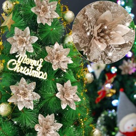 Serwalin 20pcs Christmas Flowers Artificial Champagne Gold Poinsettia Flowers Decorations with Clips Stems Glitter Christmas Tree Ornaments Xmas Wedding Party Wreath Garlands DIY, 14cm/5.5in