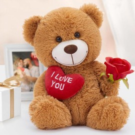 MaoGoLan 12" Small Teddy Bear with Red Heart, I Love You Valentines Day Teddy Bear Stuffed Animal White,Velvet Red Heart Valentines Day Bear Gift for Kids,Girlfriend,Wife - Color: Brown