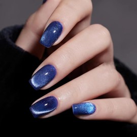 ROFIBUT Blue Press on Nails Medium Square Fake Nails Glossy Gradient Glitter Coffin False Nails Blue Full Cover Glue on Nails Acrylic Nails for Women Girls Manicure Nail Decoration 24Pcs