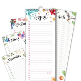 younikat Birthday Calendar with Spiral Bound, 10.5 x 29.7 cm, Year-Independent, Permanent Calendar Birthday with Zodiac Sign, Watercolour, you0001