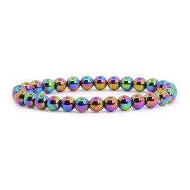 Justinstones Metallic Rainbow Coated Hematite Gemstone 6mm Round Beads Stretch Bracelet 6.5 Inch Unisex