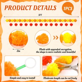 Riceshoot 1 Pcs Marigold Garland for Diwali Decorations 4.6 Feet Long Strands Artificial Marigold Flowers with Pearls Decor for Indian Toran Door Decor Indian Wedding Pooja Decoration Items (Mixed)