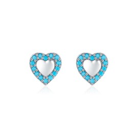 Vintage Turquoise Heart Stud Earrings for Women Girls 925 Sterling Silver Stone CZ Tiny Hollow Love Heart Cartilage Earrings Piercing Wedding Studs Dainty Ear Jewelry (Soild)