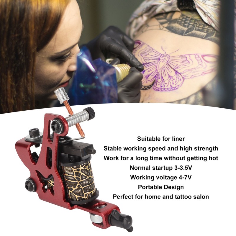 10 Wraps Coil Tattoo Machine Iron Frame Red Hollow Butterfly