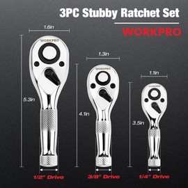 WORKPRO 3-Piece Stubby Ratchet Set, Quick Release Reversible, 1/4", 3/8", 1/2" Drive Mini Ratchet Handle, Small Ratchet Set, Chrome Alloy Made, CR-MO Head, 72-Tooth, Full Polished