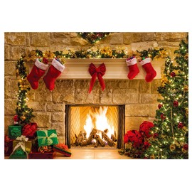 YYNXSY 7X5FT Christmas Fireplace Background Photography Background Christmas Tree Ball Ornaments Background Wooden Floor New Year Home Room Decoration Background Christmas Eve Holiday YY-3503