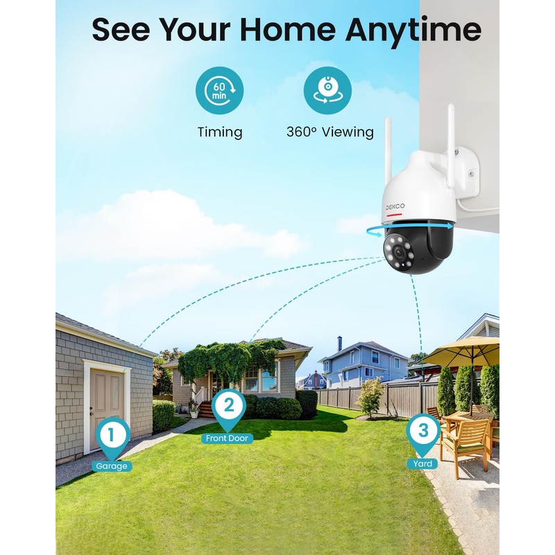 DEKCO 2K WiFi Surveillance Security Camera Outdoor/Home/Dome, Pan-Tilt 360° View,