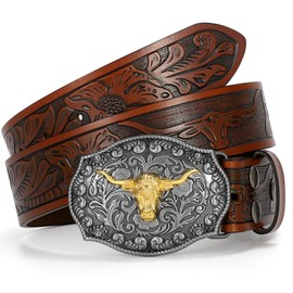 VONMELLI Western Belt Cowboy Belt for Men Women, Embossed Leather Men's Western Waist Belt for Jeans with Longhorn Bull Buckle Brown, S