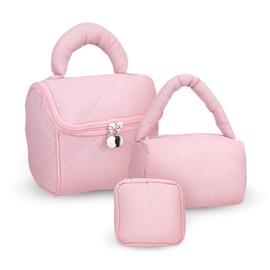 Mulaibdin 3 Pcs Travel Makeup Bag, Cosmetic Bags for Teenage Girls, Make Up Bags for Women, Toiletry Bag Set, Skincare Bag Quilted, Portable & Coquette Beauty Bag Organiser for Gifts (Pink)