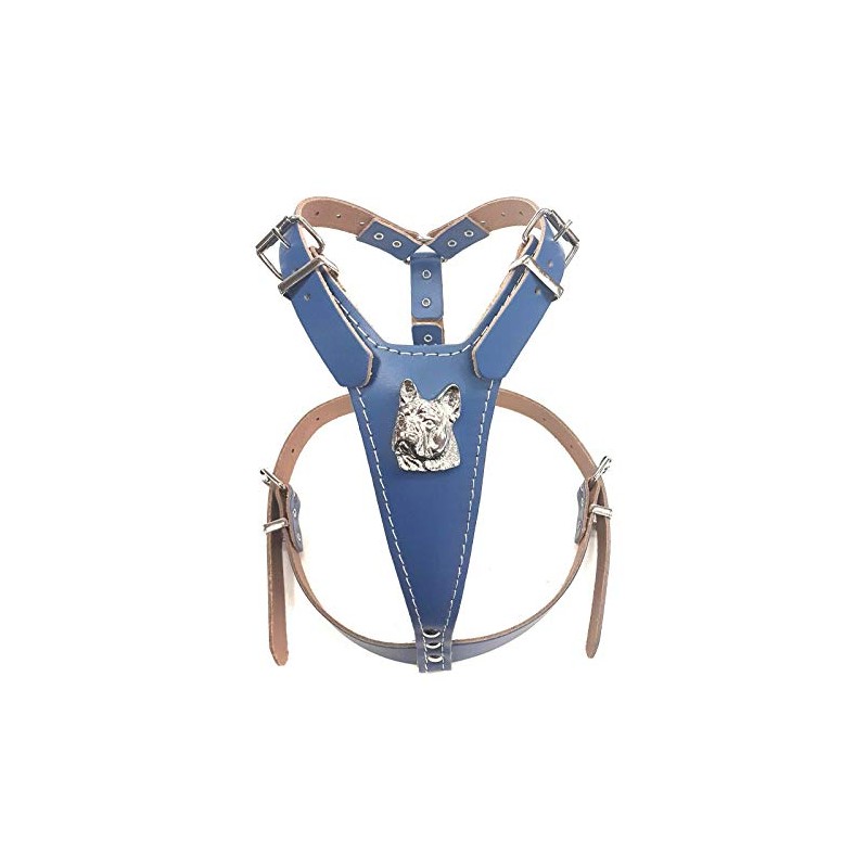 M&D Beautiful Blue Leather Dog Harness Medium Size with French